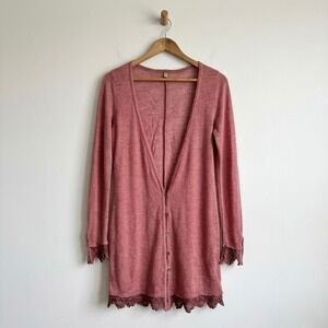 Free People Womens Longline Cardigan Mauve Pink Lace Trim Button Front Size S